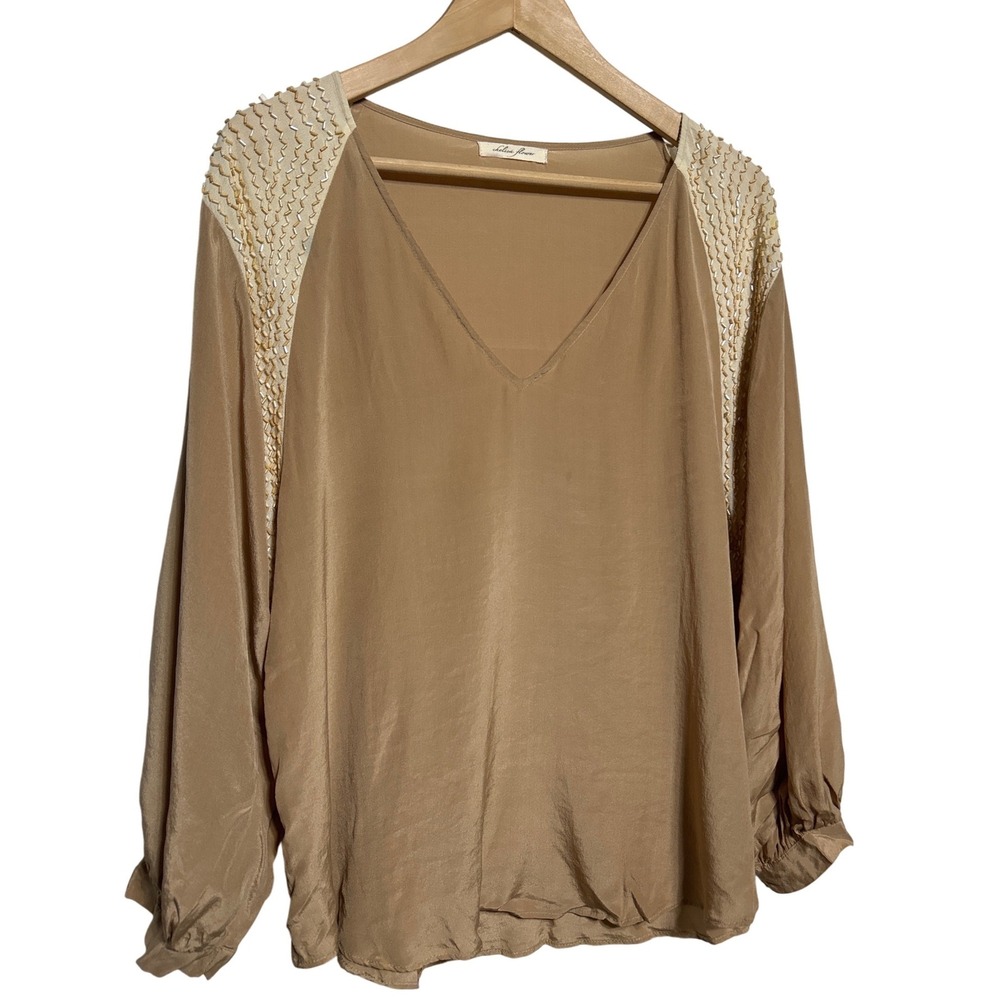 Chelsea Flower Beaded Silk V-Neck Balloon Sleeve Shoulder Blouse Tan Beige Sz‎ L